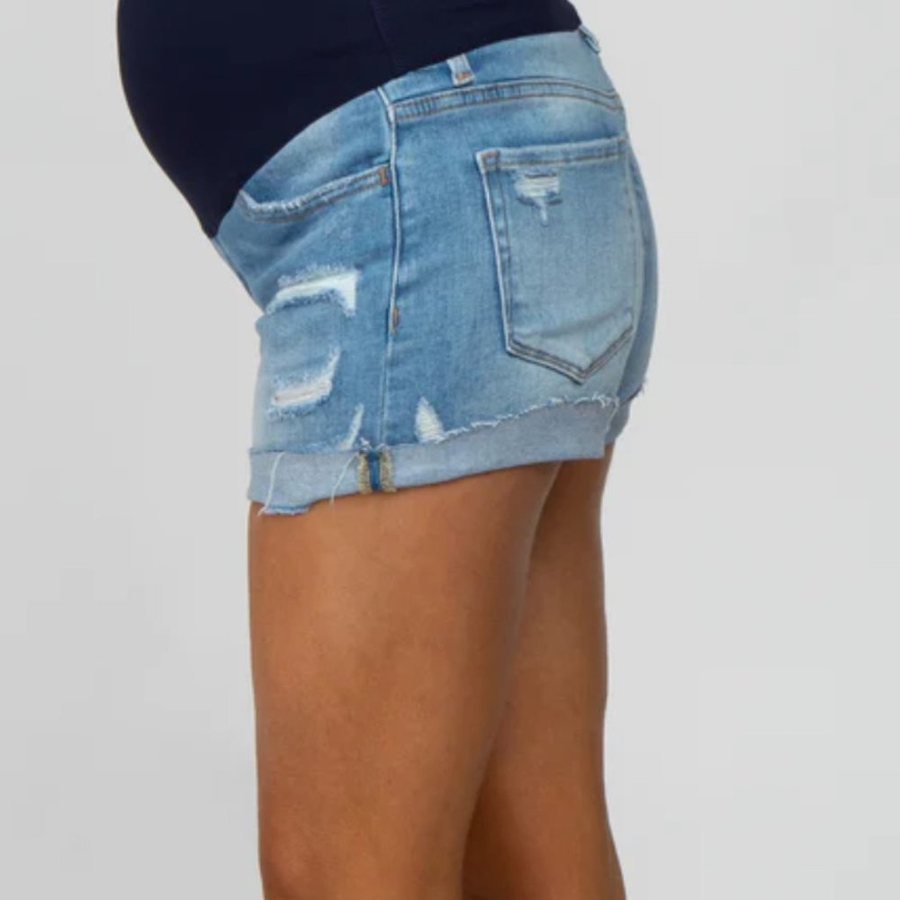Blue Cuffed Maternity Jean Shorts